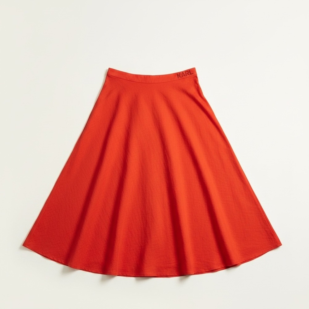 Karl Lagerfeld Red Linen Blend A-Line Flared Midi Skirt Size 12 European Summer